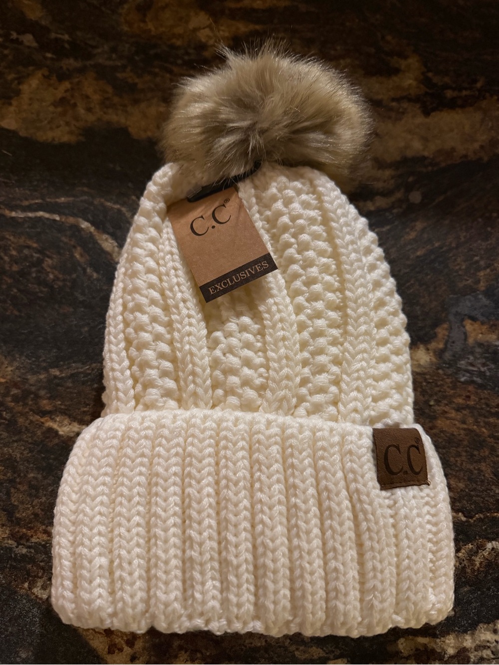 C.C Women’s Cream Knit Beanie with Faux Fur Pom - C.C